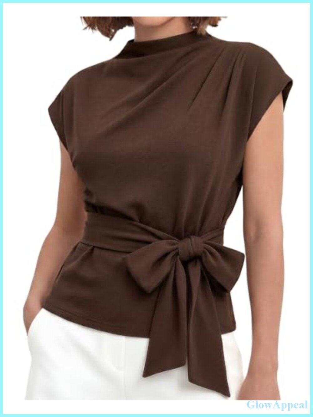 Mock Neck Cap Sleeve Tunic Blouse Tie Waist Work Top
